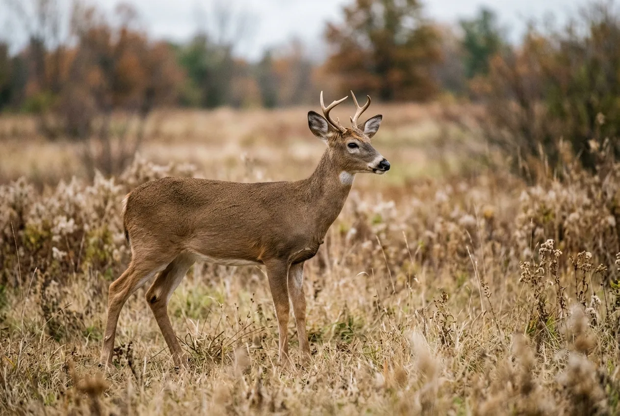 A lanky young yearling buck with long legs and a thin neck in an autumn field