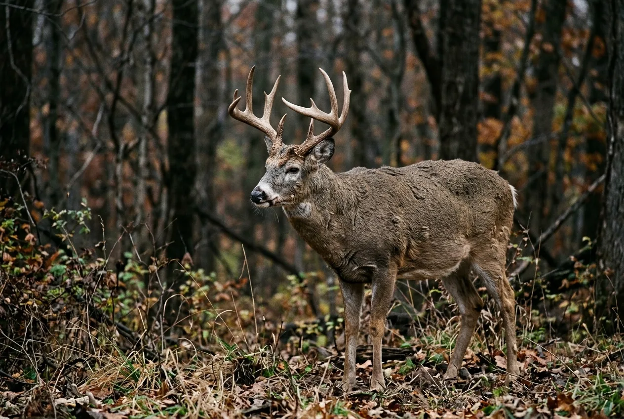 An old post-mature buck with a pot belly and sagging back at a timber edge
