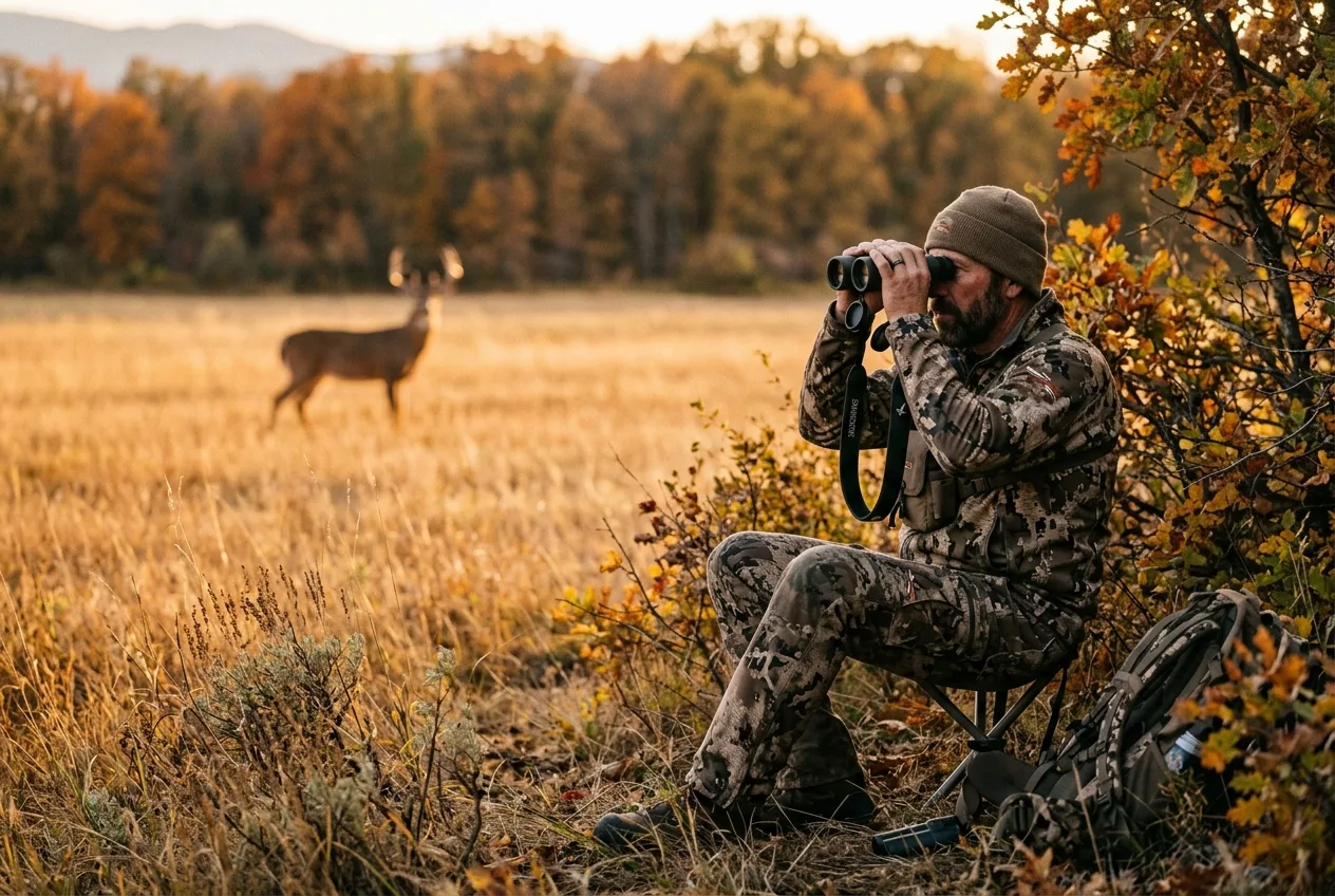 A hunter glassing a distant buck across a field with binoculars at golden light