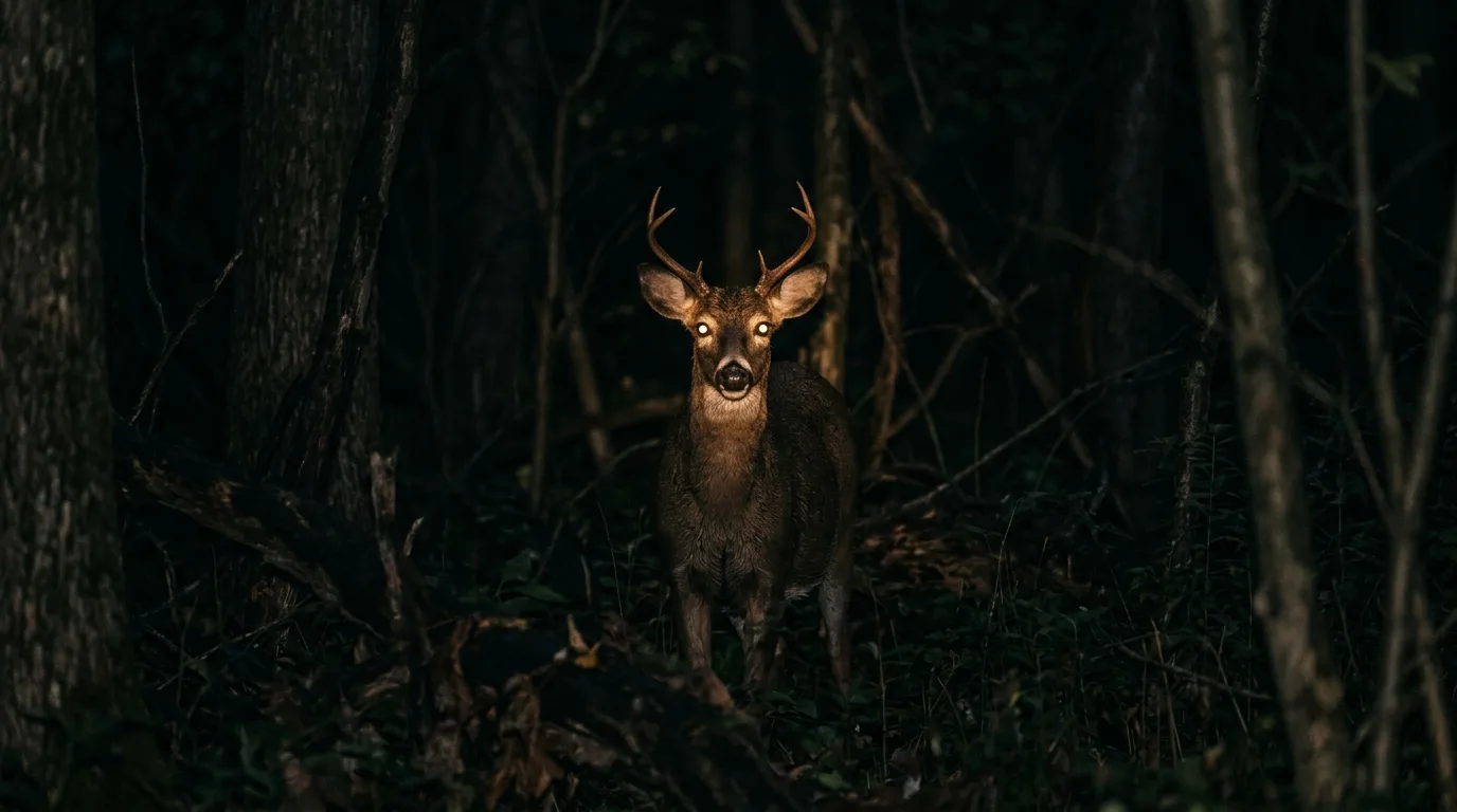 A deer's eyes glowing brightly in a flashlight beam in the dark woods at night