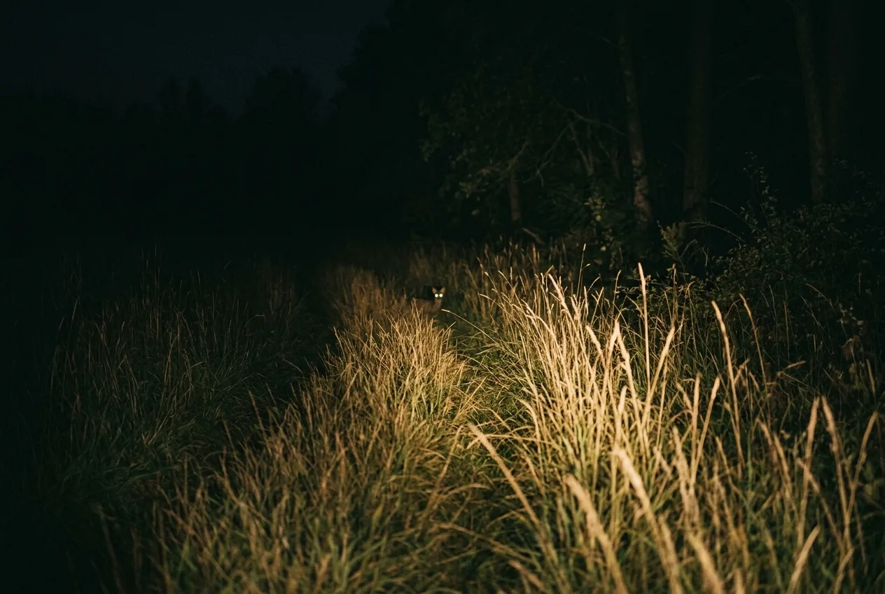 A flashlight beam sweeping tall grass at night catching distant glowing eyes