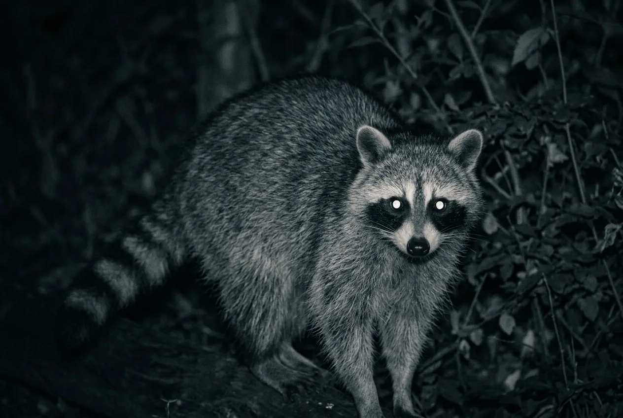 A grayscale infrared night-camera frame of a raccoon, its eyes pale and bright