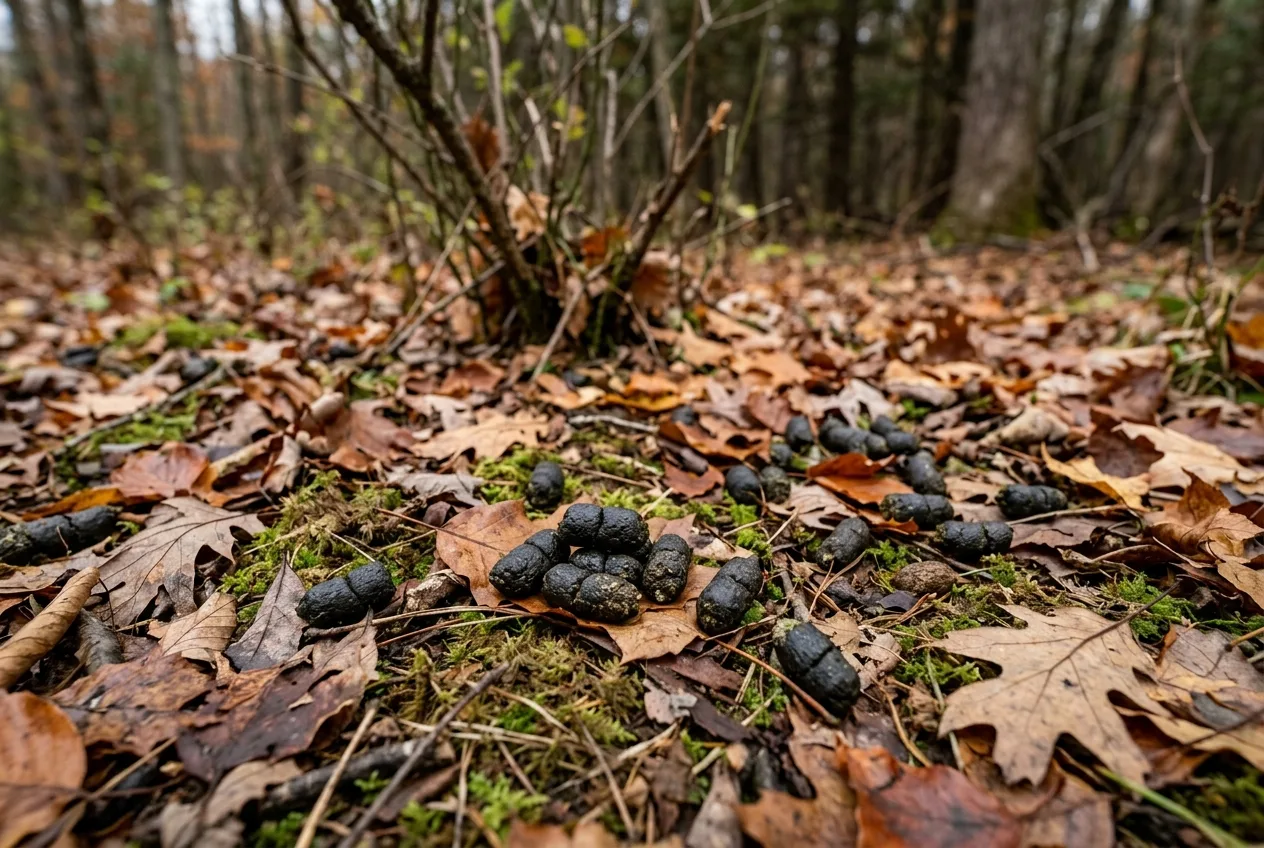 A close natural view of small dark deer pellets scattered on forest leaf litter