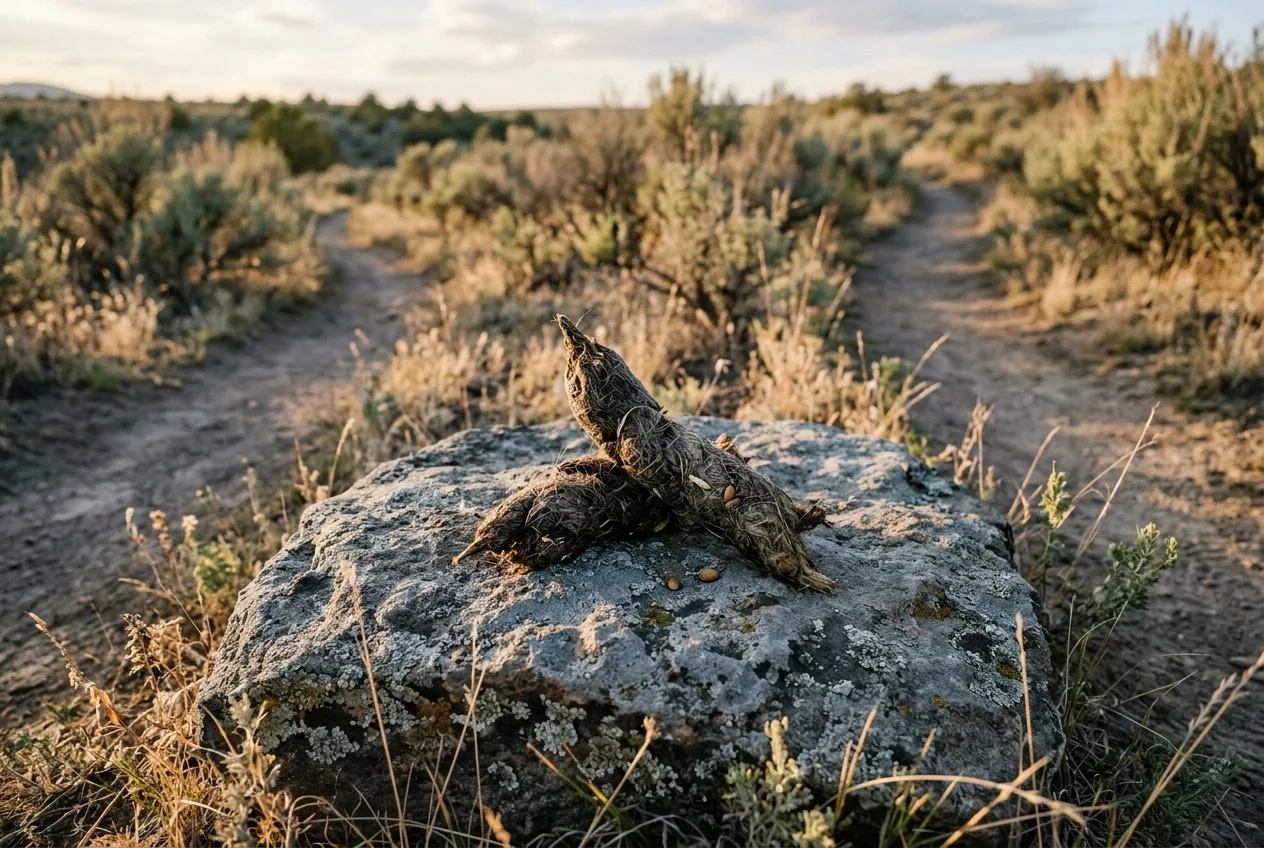 A twisted rope-like coyote dropping left on top of a flat rock at a trail junction