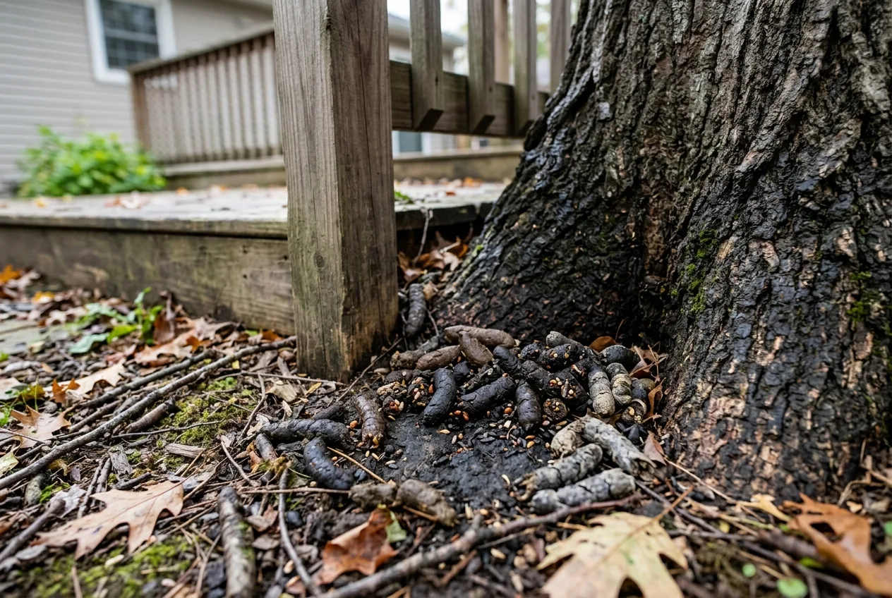 A raccoon latrine of dark droppings collected at the base of a tree in a backyard