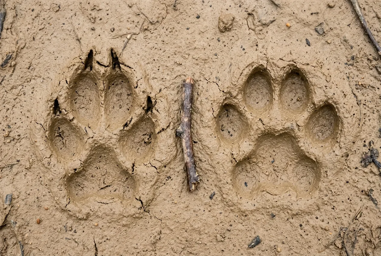 Side-by-side comparison of a canine and a feline paw print in fine mud