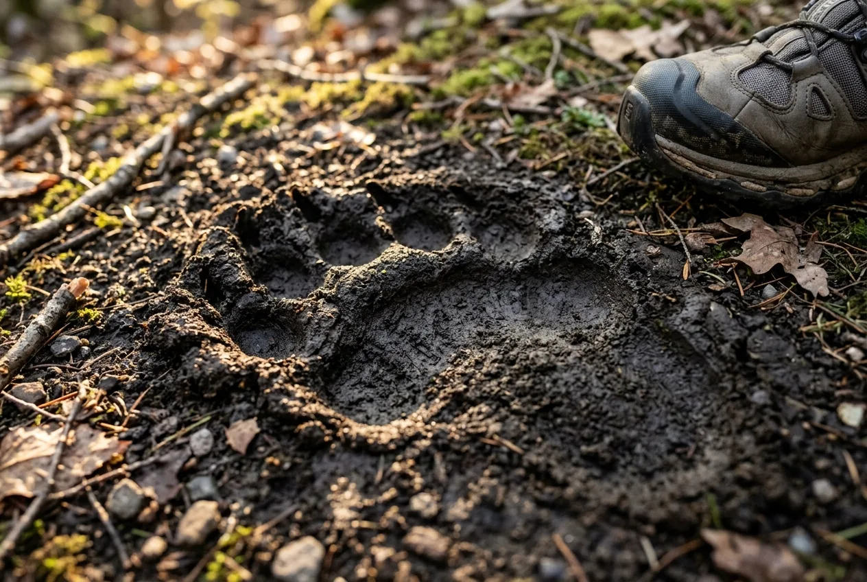 A large black bear hind track showing five toes and claw marks in damp earth