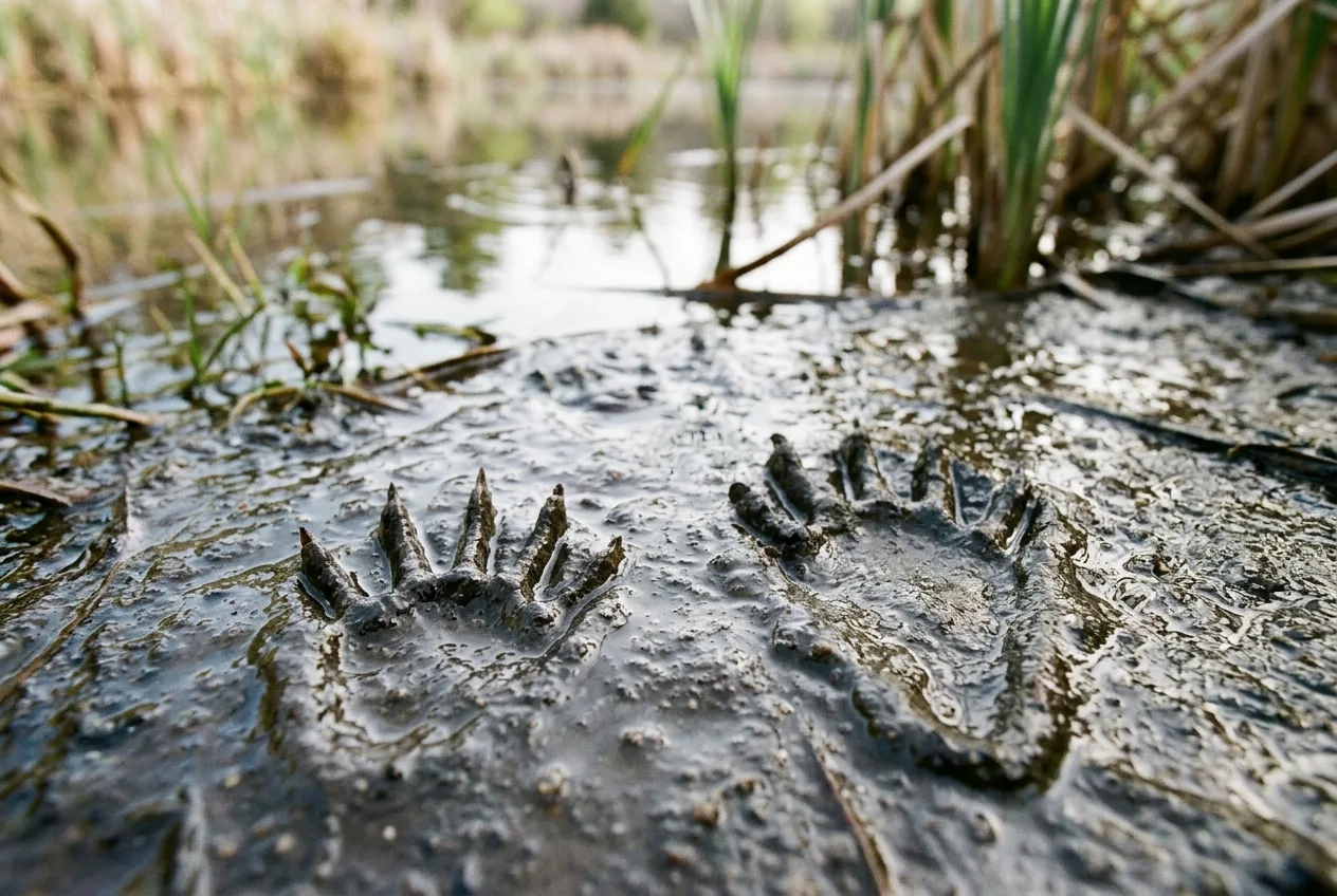 Hand-like raccoon tracks in wet mud at the edge of a pond