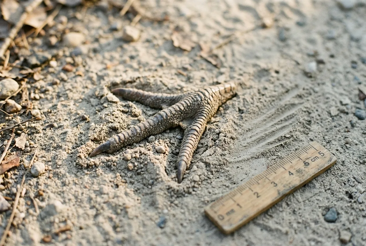 A wild turkey track with three forward toes in fine dust beside faint wing-drag marks