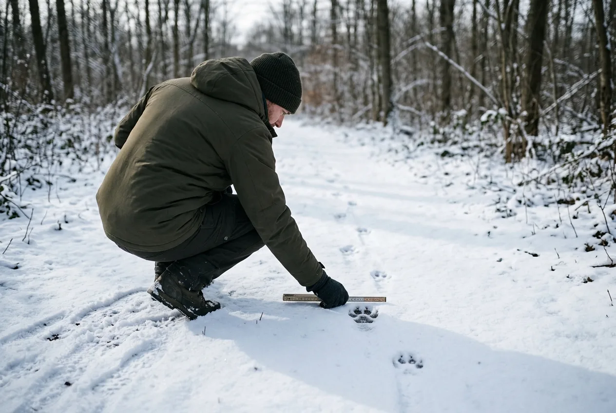 A tracker crouching to examine and measure animal prints in snow with a small ruler