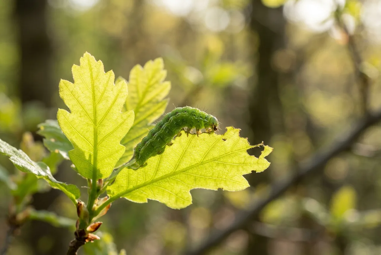 A caterpillar on the new leaves of a native oak in spring sunlight