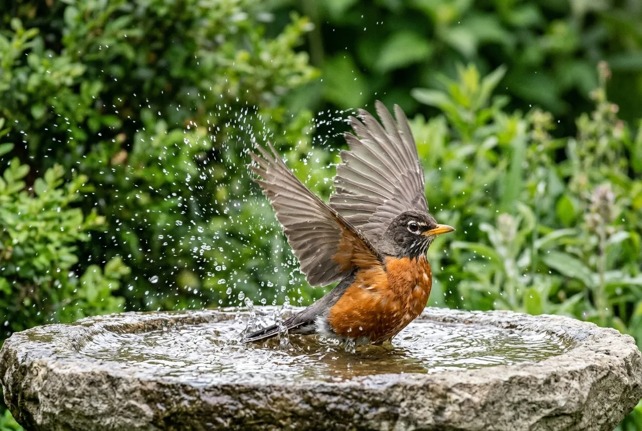A robin bathing in a shallow birdbath with water droplets flying