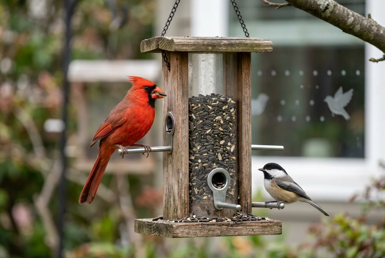 A male cardinal and a chickadee at a black-oil sunflower feeder near a window