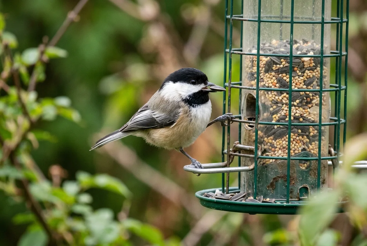 A black-capped chickadee gripping a feeder port with a single seed in its bill