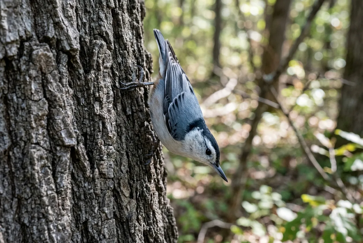 A white-breasted nuthatch walking head-first down a tree trunk