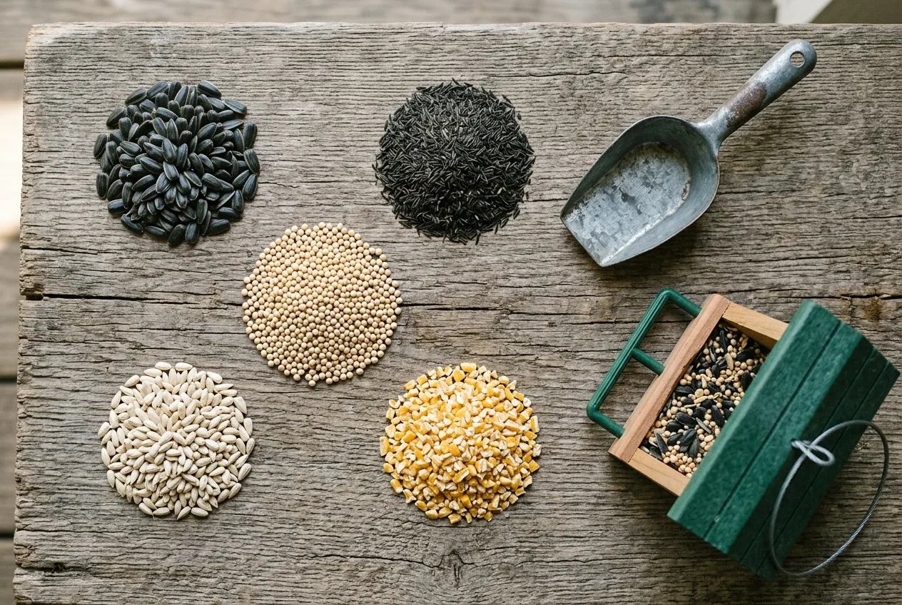 Small piles of different birdseed types arranged on a wooden surface