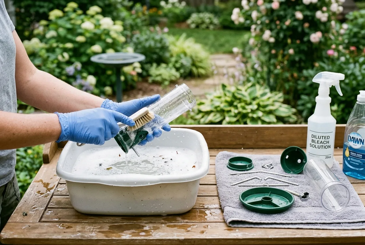 Gloved hands scrubbing a disassembled tube feeder in a basin of soapy water