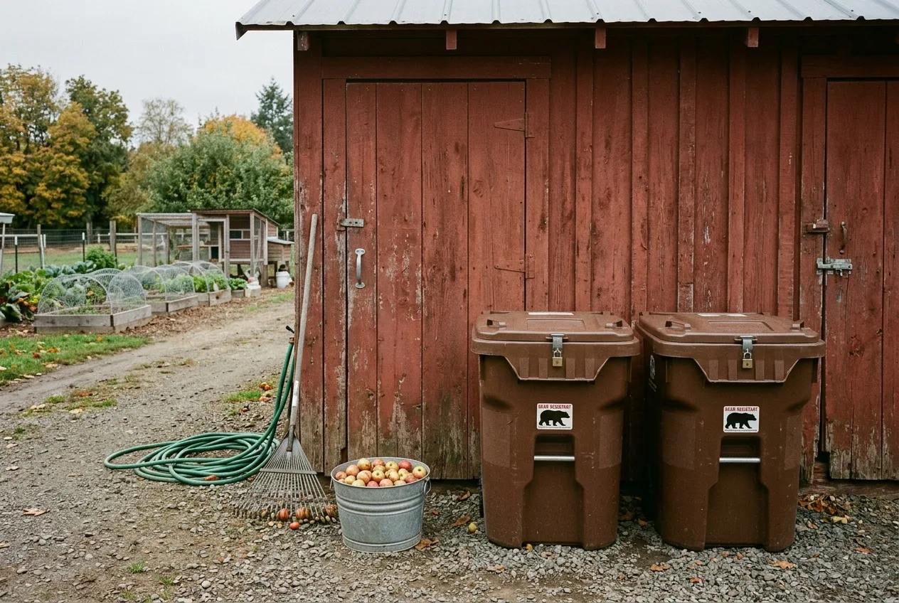 Secured metal trash containers and a locked feed shed on a farm in flat daylight