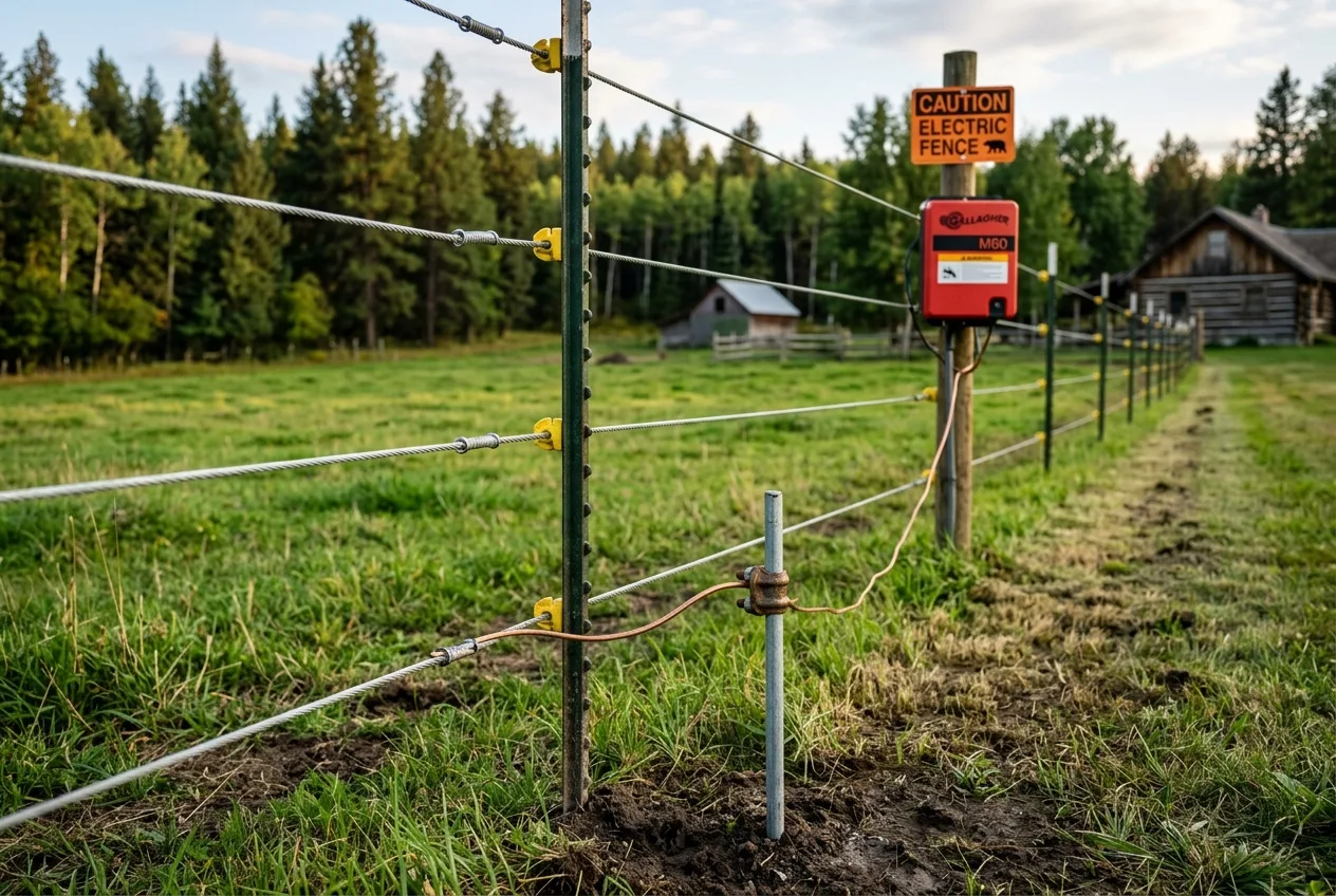 Close view of a multi-strand electric bear fence with a grounding rod in a grassy yard
