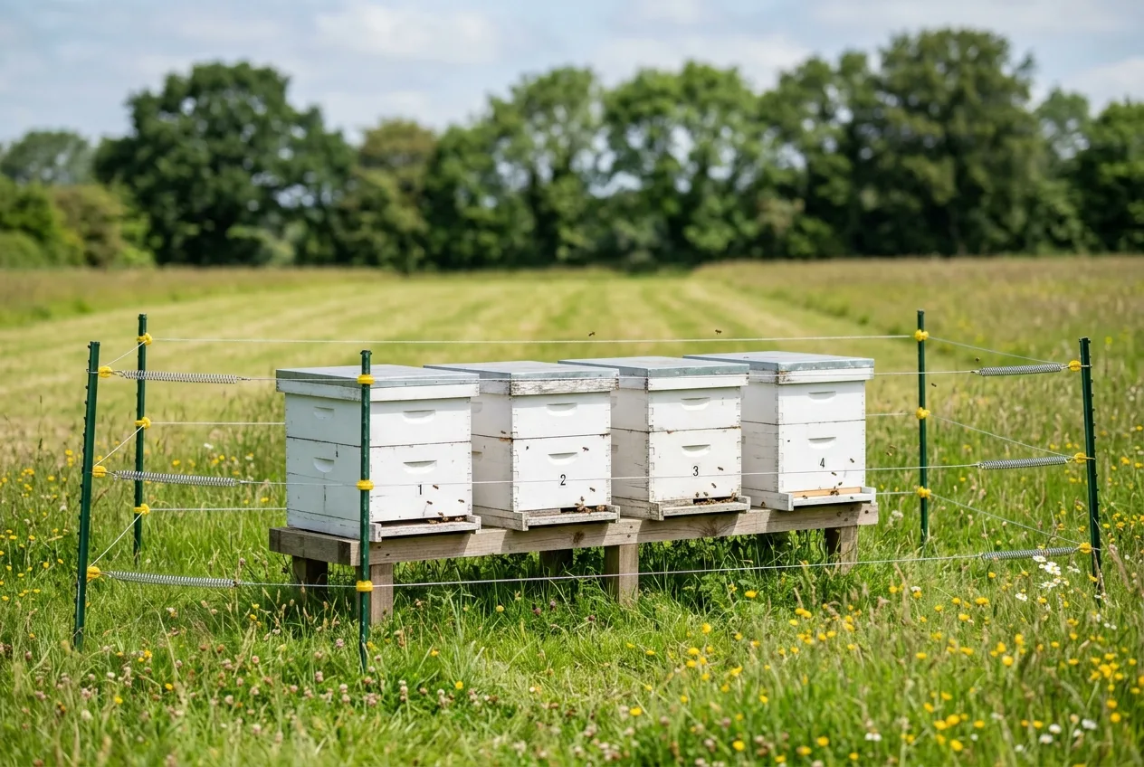 A row of beehives standing in an open field inside an electric fence away from the woods