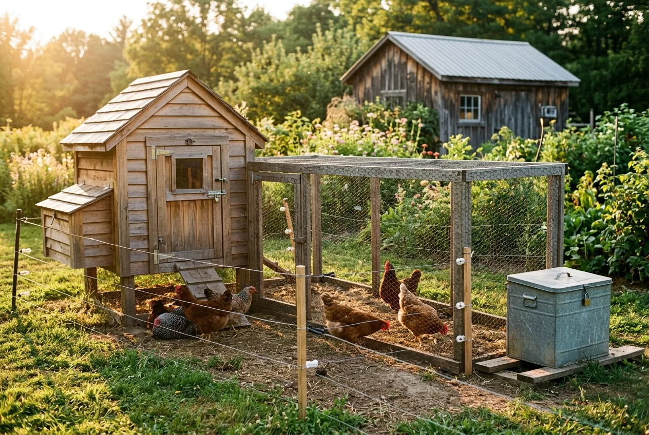 A backyard chicken coop and run enclosed by an electric fence at golden hour