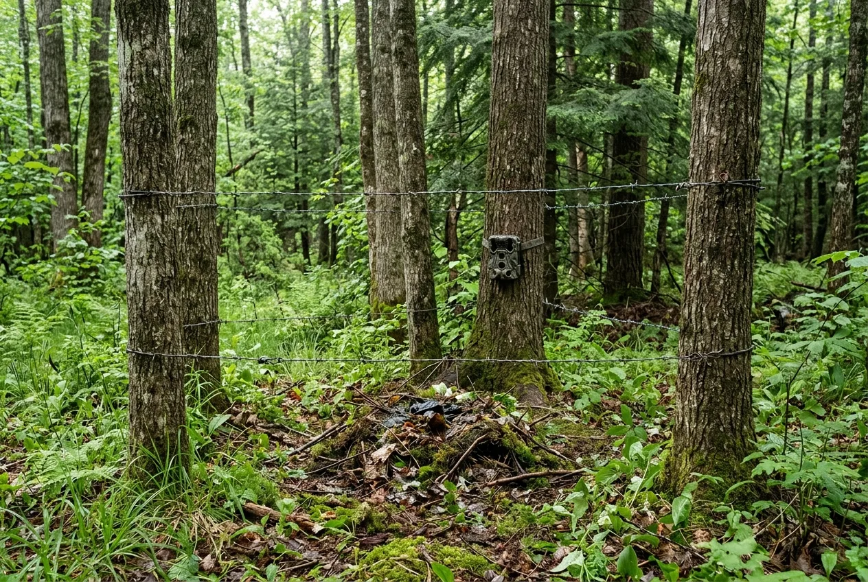 A barbed-wire hair-snare enclosure around trees with a scent-lure debris pile in a clearing