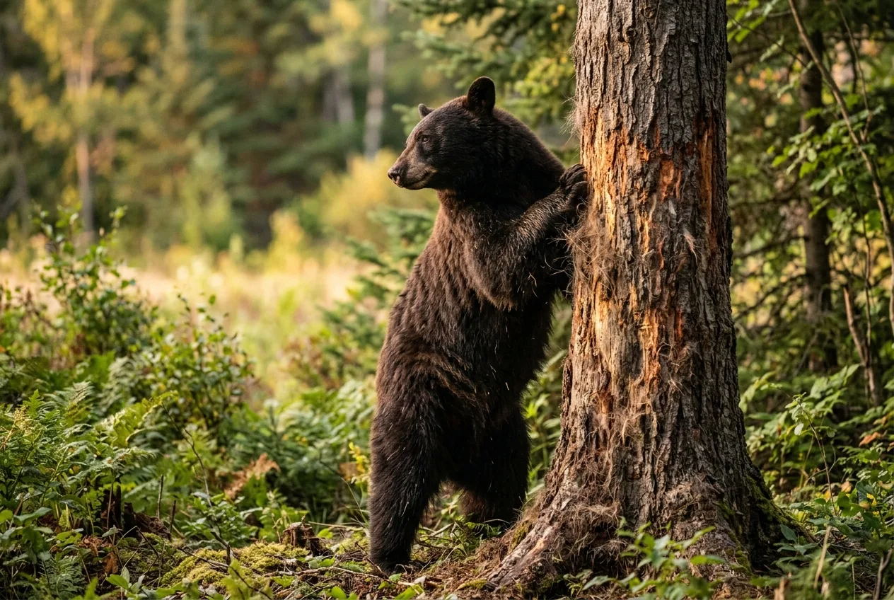 A black bear rubbing its back against a marked rub tree along a forest edge
