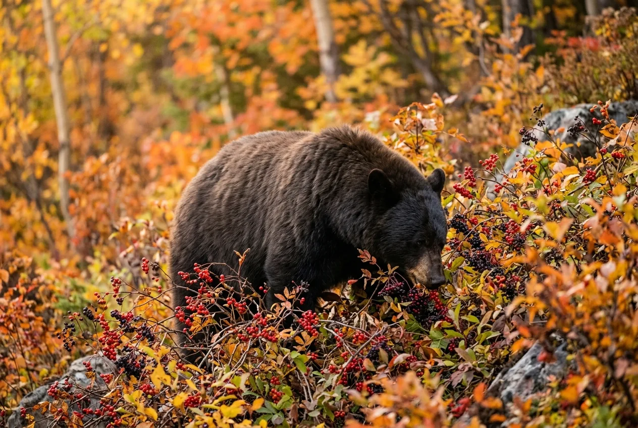 A black bear feeding heavily on autumn berries during fall hyperphagia