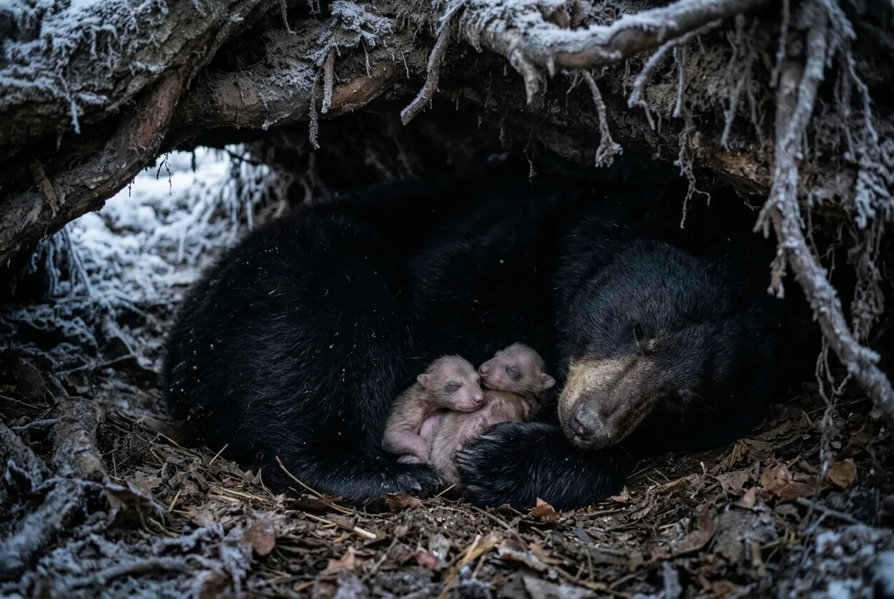 A black bear sow curled with tiny newborn cubs inside a snug winter den