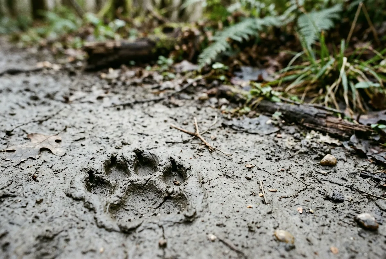 A round bobcat track pressed into soft mud with no claw marks