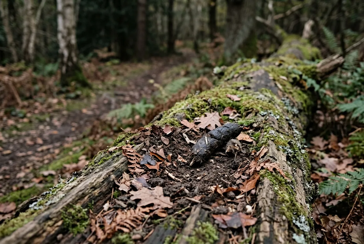 A bobcat scrape and scat marker on a low log along a trail