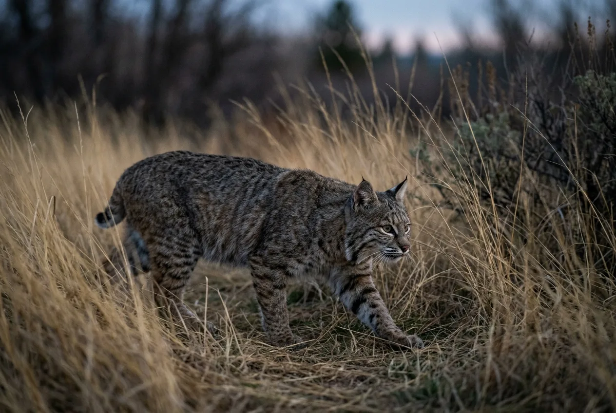 A bobcat moving through tall grass at dusk, hunting alone