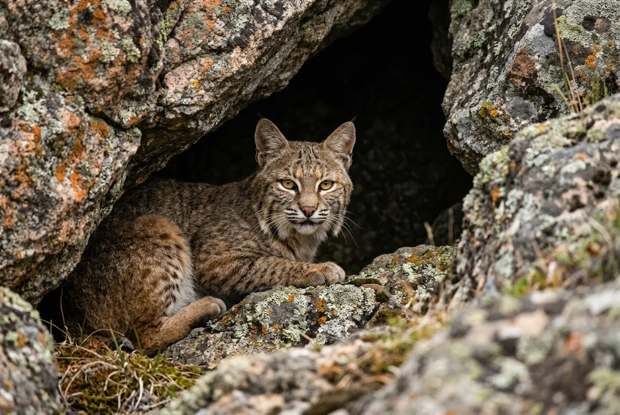 A bobcat resting at the mouth of a rock-crevice den among boulders