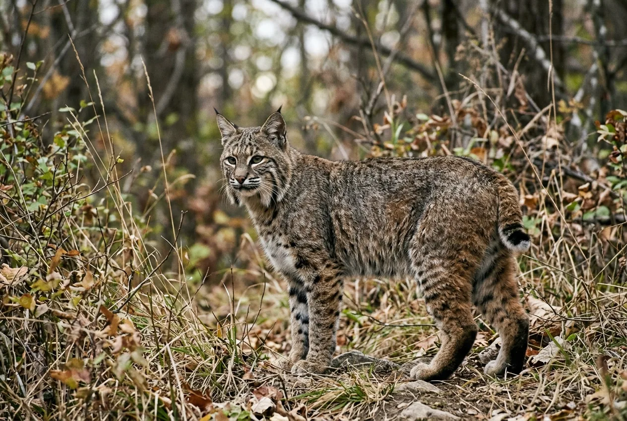 A bobcat standing among brush, showing its short bobbed tail, spotted coat, and tufted ears