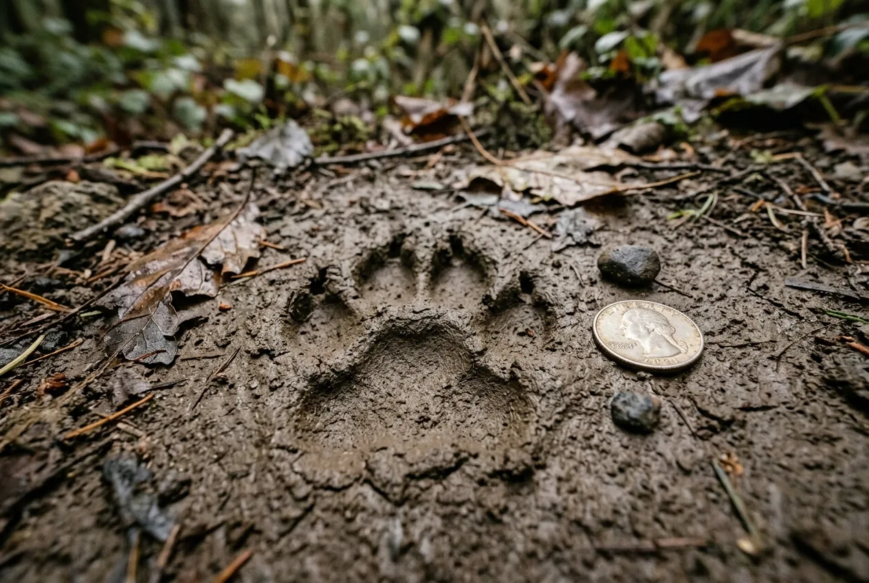 Close view of a clawless round cat track pressed into soft mud beside a coin for scale