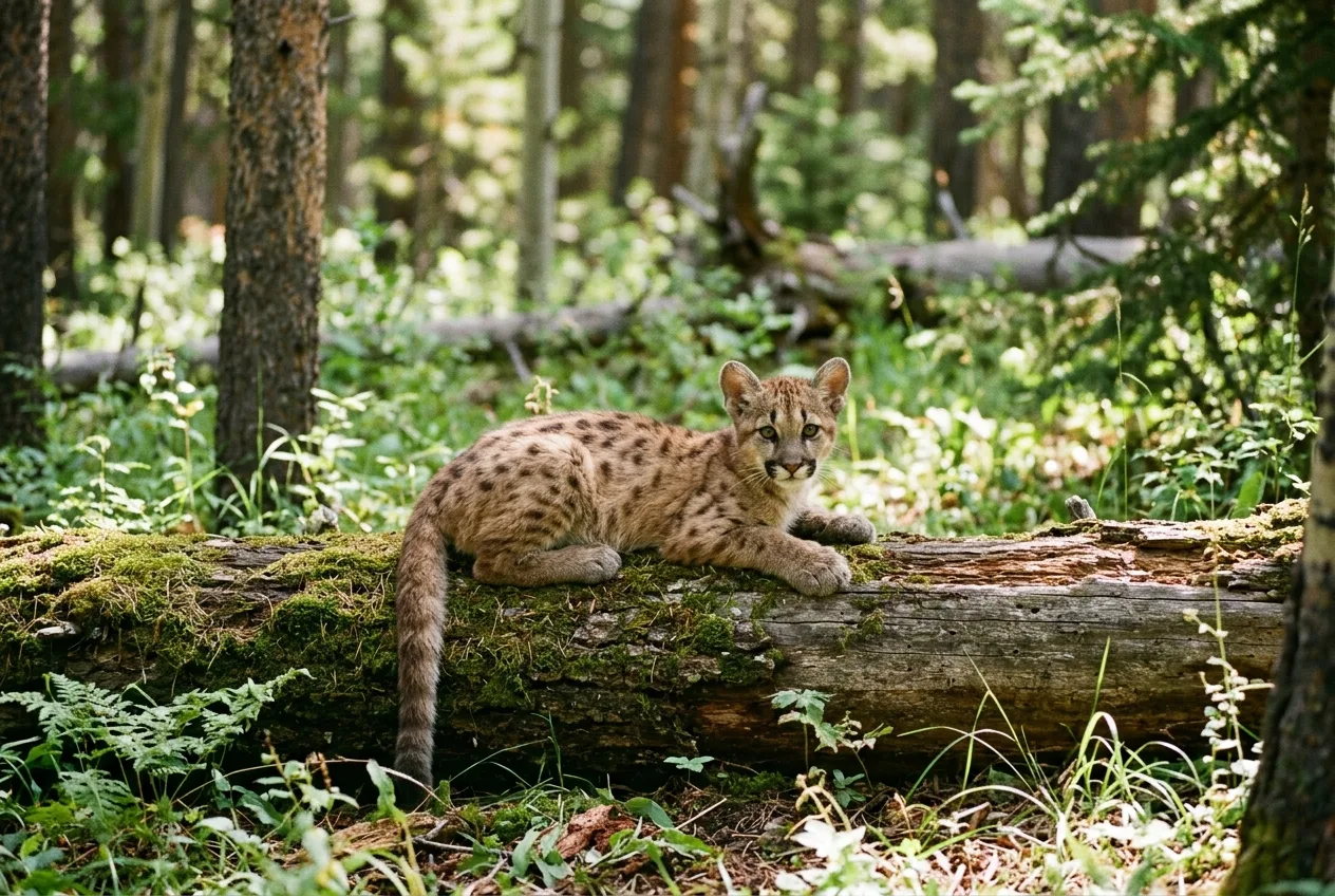 A mountain lion kitten with faint spots resting in dappled light on a forest log