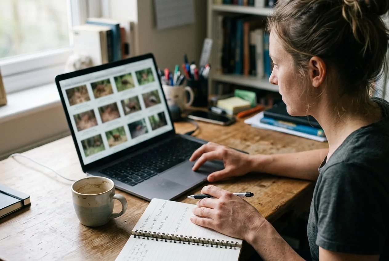 A researcher at a laptop reviewing a grid of camera-trap wildlife photos