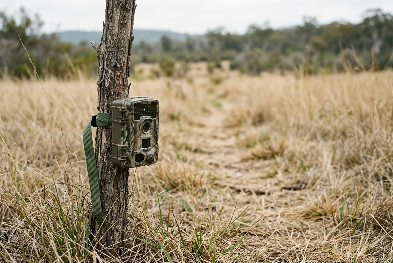 A camera trap strapped to a tree at knee height covering an open game trail through grassland