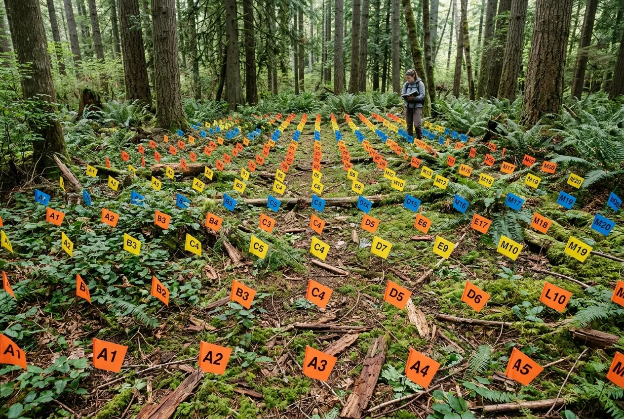 Overhead view of a grid of small numbered flags laid out across a forest plot for a camera array