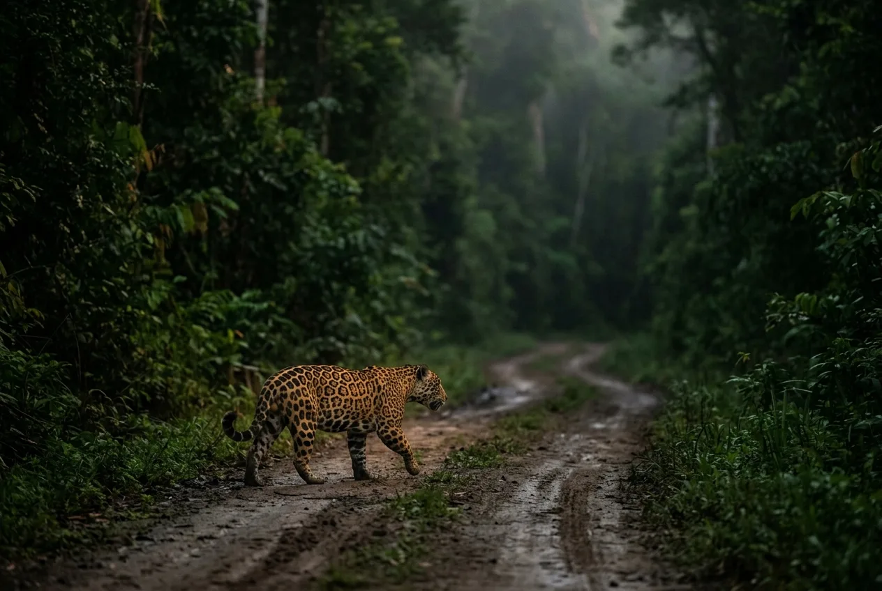 A jaguar walking along a forest logging road at dusk seen at a natural distance