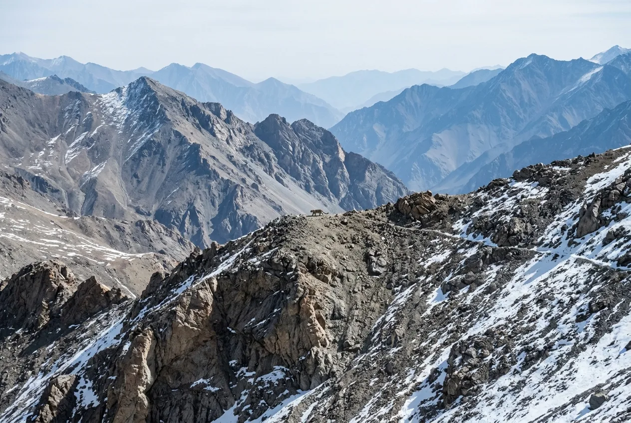 A vast high-altitude mountain landscape with a tiny snow leopard crossing a distant ridge