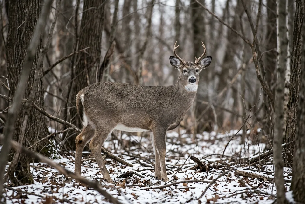 A white-tailed deer standing alert in winter woodland in flat overcast light