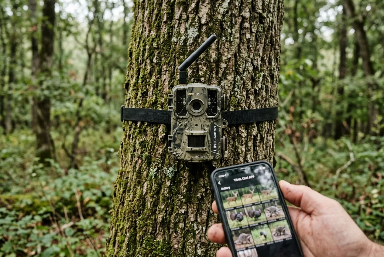 Close view of a cellular trail camera on a tree with a small antenna, a phone in the foreground showing the app
