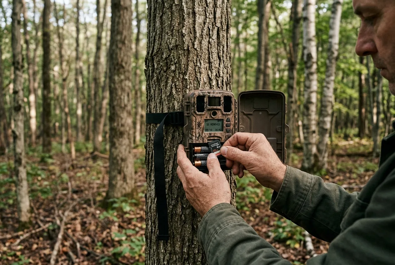 A person's hands removing an SD card from a conventional trail camera mounted on a tree in the woods