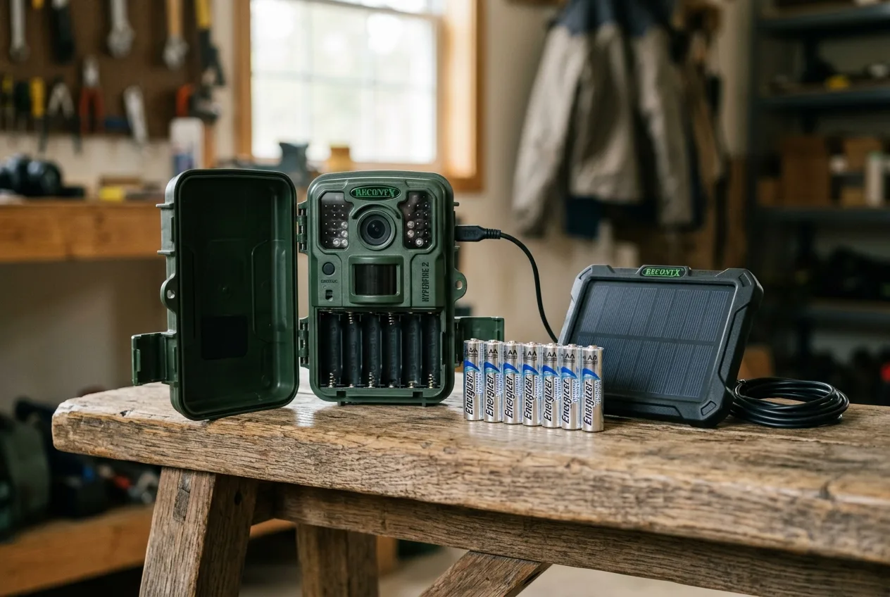 Lithium AA batteries and a small solar panel beside an open trail camera on a wooden surface