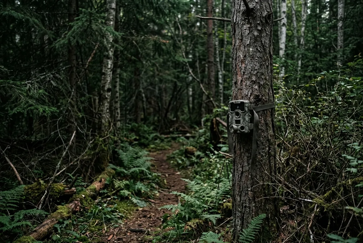 A trail camera mounted low on a tree along a faint game trail deep in dense timber