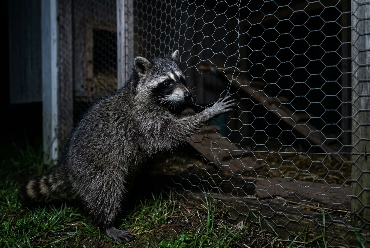 A raccoon at night reaching a paw through the wire mesh of a chicken run