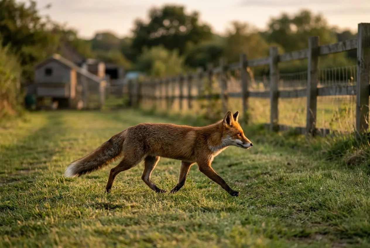 A red fox trotting across a farm yard at dusk carrying away in soft low light