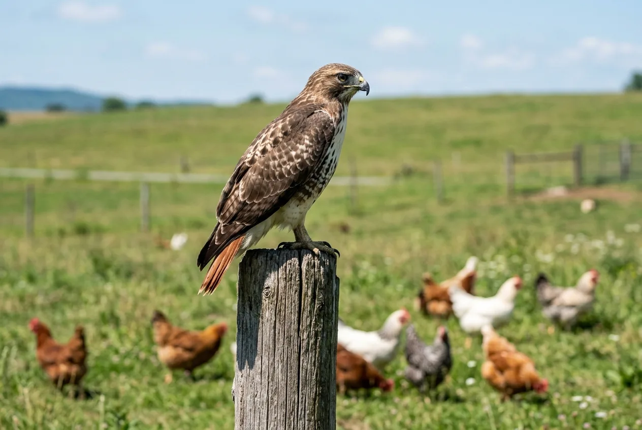 A red-tailed hawk perched on a fence post watching a free-range flock in daylight
