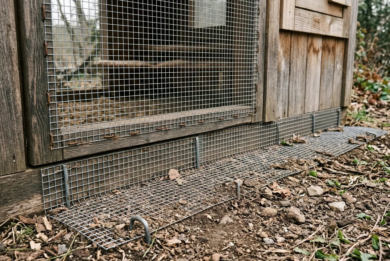 Close view of half-inch hardware cloth stapled over a coop window with a buried apron at the base
